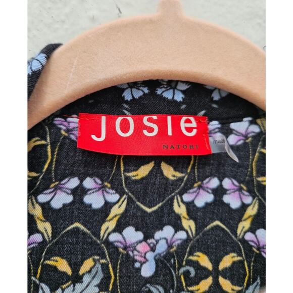 Josie Natori Pajama Top Womens Small Black Pink Floral Button Up Blouse Flowy - Picture 5 of 9
